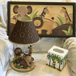 Gently used children’s decor. Wallhanging, sm. night lamp, tissue box cover.